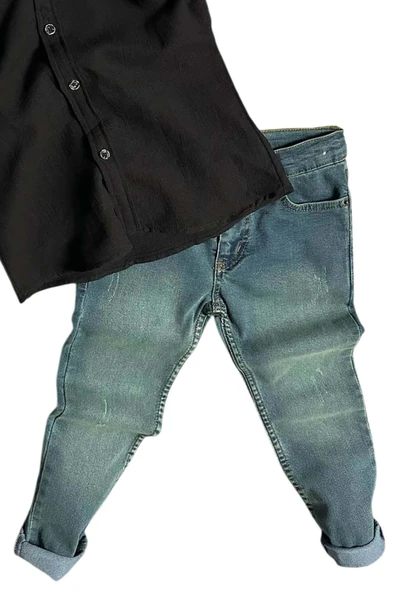 Erkek Çocuk Likralı Gabardin ve Dokuma Siyah Gömlek Alt Üst Takım - 3