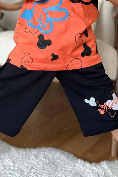Erkek Çocuk Parmak ve Ayıcık Baskılı Turuncu T-Shirt Şortlu Takım - Resim 4