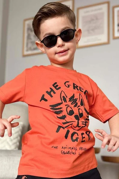 Erkek Çocuk Kedi ve Yazı Baskılı Turuncu T-Shirt Şortlu Takımı - Resim 4