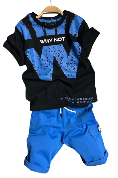 Erkek Çocuk W Harf Why Not Baskılı T-Shirt Mavi Şortlu Takım ürün görseli