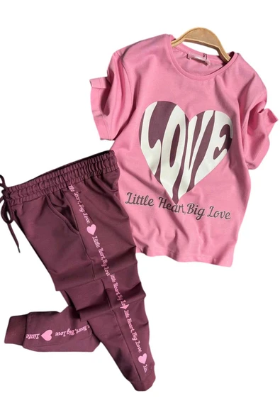 Kız Çocuk Love Kalp Baskılı T-Shirt Şerit Yazı Detaylı Pembe Eşofman Takım ürün görseli