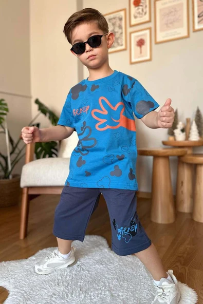 Erkek Çocuk Parmak ve Ayıcık Baskılı Lacivert T-Shirt Şortlu Takım - Resim 3