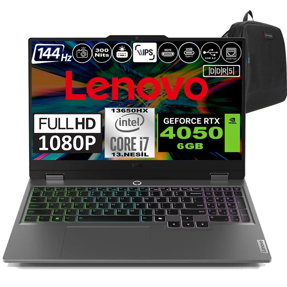 Lenovo Loq 15IRX9 Intel Core I7 13650HX Ddr5 32GB 2tb SSD Rtx 4050 6gb 300NITS 15.6" 144Hz Fhd Freedos Taşınabilir Bilgisayar 83DV0117TRF07 + Zetta Çanta