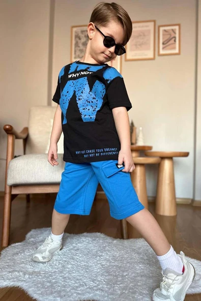 Erkek Çocuk W Harf Why Not Baskılı T-Shirt Mavi Şortlu Takım - Resim 2