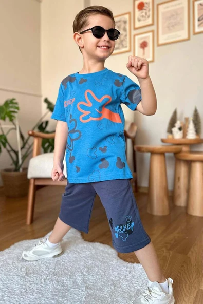 Erkek Çocuk Parmak ve Ayıcık Baskılı Lacivert T-Shirt Şortlu Takım - Resim 2