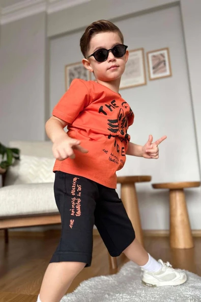 Erkek Çocuk Kedi ve Yazı Baskılı Turuncu T-Shirt Şortlu Takımı - Resim 2