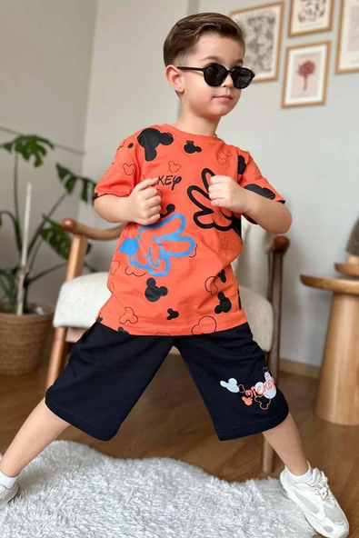 Erkek Çocuk Parmak ve Ayıcık Baskılı Turuncu T-Shirt Şortlu Takım - Resim 2