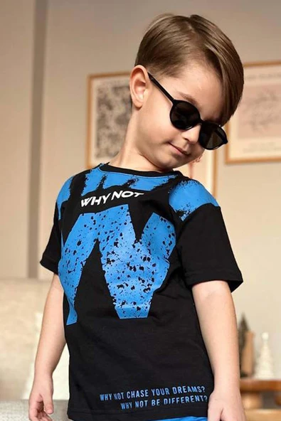 Erkek Çocuk W Harf Why Not Baskılı T-Shirt Mavi Şortlu Takım - Resim 4