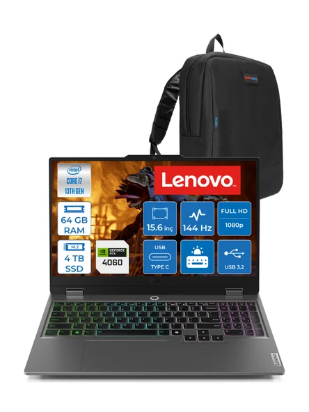 Lenovo Loq 15IRX9 Intel Core I7 13650HX 64GB Ddr5 4tb SSD RTX4060 8gb 115W 15.6" Fullhd 144HZ 300NITS IPS Freedos Taşınabilir Bilgisayar 83DV011HTRF24 + Zetta Çanta