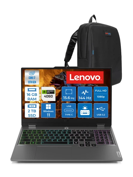 Lenovo Loq 15IRX9 Intel Core I7 13650HX 16GB Ddr5 2tb SSD RTX4060 8gb 115W 15.6" Fullhd 144HZ 300NITS IPS Windows 11 Home Taşınabilir Bilgisayar 83DV011HTRH03 + Zetta Çanta