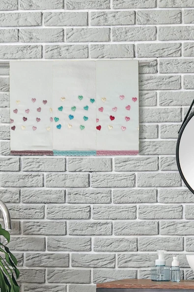 3 Lü Renkli Kalpli Su Taşı Kenar İşlemeli Havlu Seti 50X90 Cm - 3