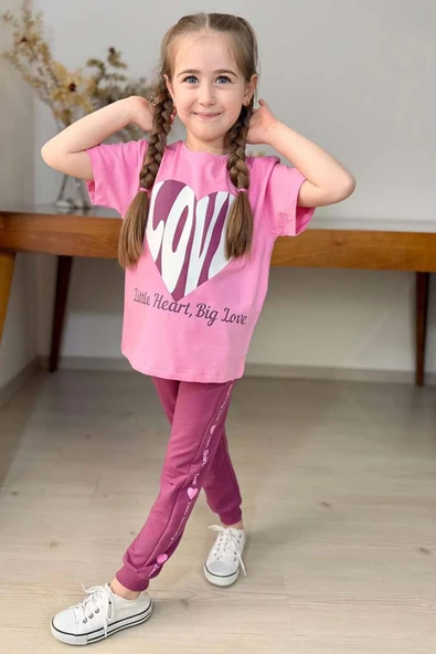 Kız Çocuk Love Kalp Baskılı T-Shirt Şerit Yazı Detaylı Pembe Eşofman Takım - Resim 2