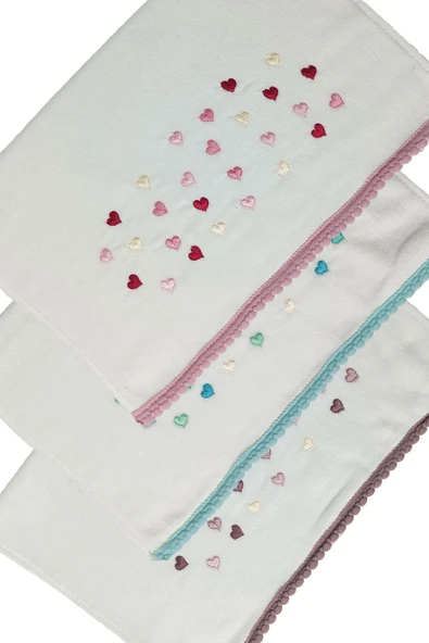 3 Lü Renkli Kalpli Su Taşı Kenar İşlemeli Havlu Seti 50X90 Cm - 4