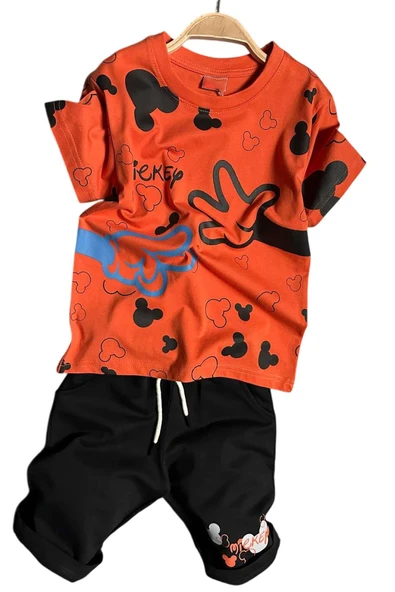 Erkek Çocuk Parmak ve Ayıcık Baskılı Turuncu T-Shirt Şortlu Takım