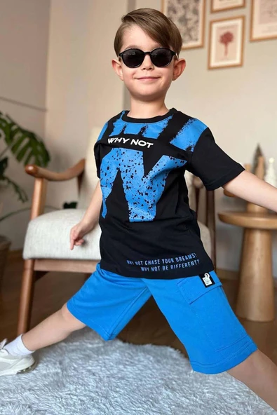 Erkek Çocuk W Harf Why Not Baskılı T-Shirt Mavi Şortlu Takım - Resim 3