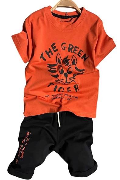 Erkek Çocuk Kedi ve Yazı Baskılı Turuncu T-Shirt Şortlu Takımı ürün görseli