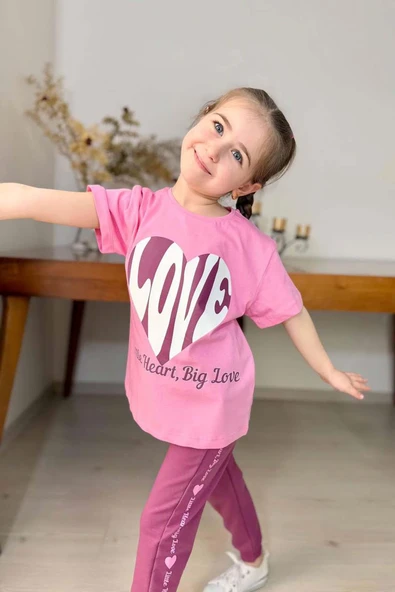 Kız Çocuk Love Kalp Baskılı T-Shirt Şerit Yazı Detaylı Pembe Eşofman Takım - Resim 3