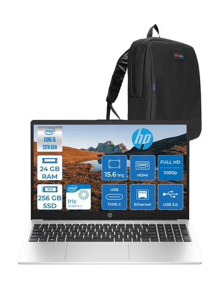 Hp 250 G10 Intel Core I5 1334U 24GB 256GB SSD Intel® Iris® Xᵉ Grafik Freedos 15.6" Taşınabilir Bilgisayar 9G1E5ETF11 + Zetta Çanta