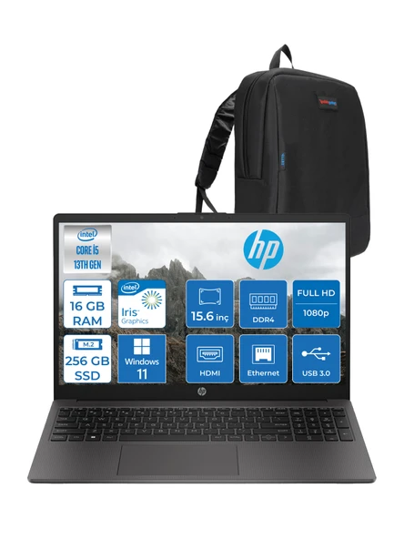 Hp 250 G10 Intel Core I5 1334U 16GB 256GB SSD Intel® Iris® Xᵉ Grafik Windows 11 Pro 15.6" Taşınabilir Bilgisayar B2NC5ESP06 + Zetta Çanta