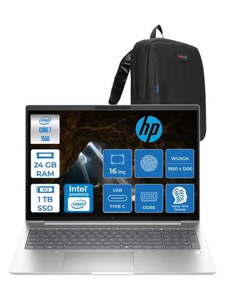 Hp Elitebook 660 G11 Intel Core Ultra 7 155U 24GB Ddr5 1tb SSD 16" Wuxga 300NITS IPS Freedos Taşınabilir Bilgisayar 9C004EAF06 + Zetta Çanta