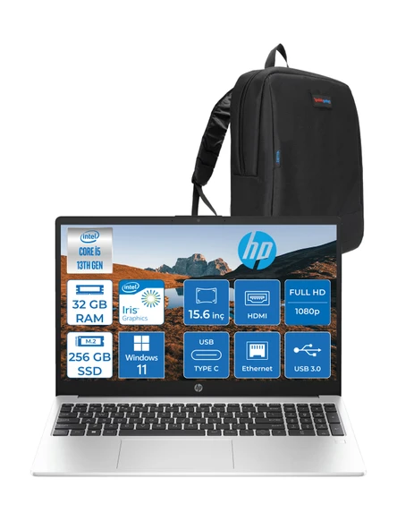 Hp 250 G10 Intel Core I5 1334U 32GB 256GB SSD Intel® Iris® Xᵉ Grafik Windows 11 Pro 15.6" Taşınabilir Bilgisayar 9G1E5ETP16 + Zetta Çanta
