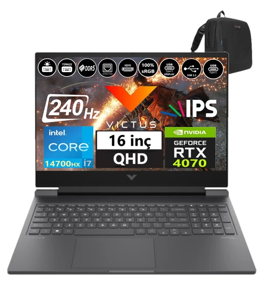 Hp Victus 16-R1012NT Intel I7-14700HX 96GB Ddr5 2tb SSD 8GB/RTX4070 WINDOWS11HOME 16.1" 240Hz Qhd 3ms 300NİTS Taşınabilir Bilgisayar 99J1K2EA39+WEBLEGELSINÇANTA