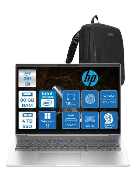 Hp Elitebook 660 G11 Intel Core Ultra 7 155U 80GB Ddr5 4tb SSD 16" Wuxga 300NITS IPS Windows 11 Home Taşınabilir Bilgisayar 9C004EAH30 + Zetta Çanta