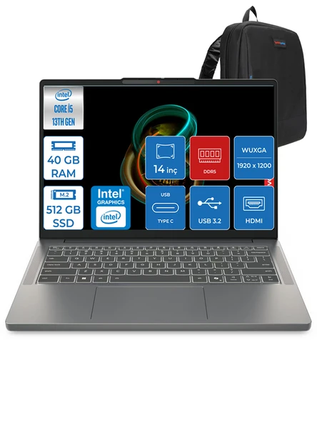 Lenovo Ideapad Slim 3 Intel Core I5 13420H 40GB Ddr5 512GB SSD Intel® UHD Graphics Freedos 14" Wuxga IPS Taşınabilir Bilgisayar 3S15IRH10F09 + Zettaçanta