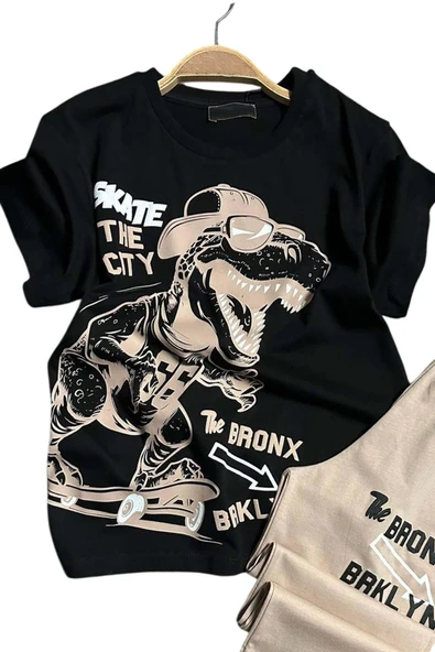 Erkek Çocuk Dinazor ve Kaykay Baskılı Yazı Detaylı Bej Pijama Takımı - 2