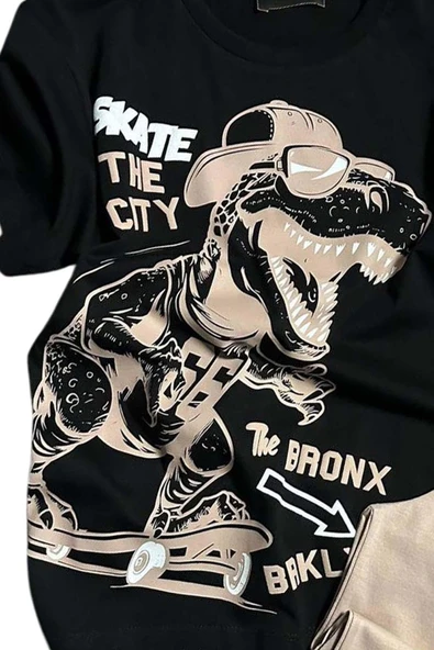 Erkek Çocuk Dinazor ve Kaykay Baskılı Yazı Detaylı Bej Pijama Takımı - 4