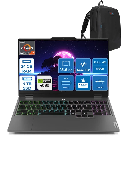 Lenovo Loq Amd Ryzen 7 7435HS 24GB Ddr5 4tb SSD 8GB/RTX4060/105W WIN11PRO 15.6" Fhd 144Hz Yapay Zeka Destekli Taşınabilir Bilgisayar LQ83JC00E7TRP08 + Zettaçanta ürün görseli
