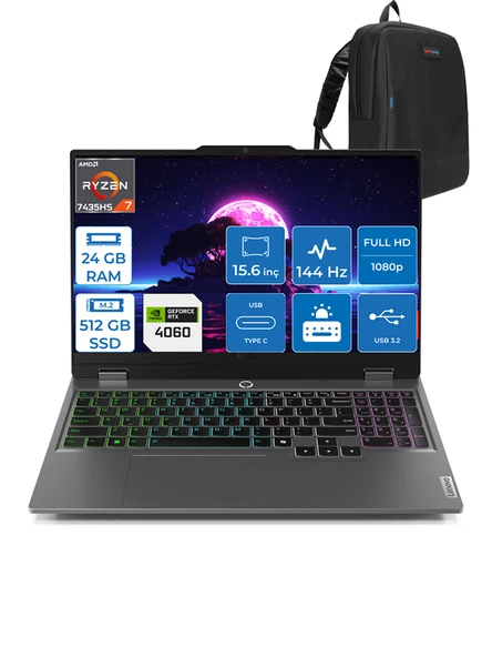 Lenovo Loq Amd Ryzen 7 7435HS 24GB Ddr5 512GB SSD 8GB/RTX4060/105W WIN11PRO 15.6" Fhd 144Hz Yapay Zeka Destekli Taşınabilir Bilgisayar LQ83JC00E7TRP05 + Zettaçanta