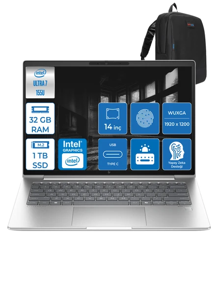 Hp Elitebook 640 G11 Ultra7 155U 32GB Ddr5 1tb SSD 14"' Fhd 400NIT Wuxga Freedos Taşınabilir Bilgisayar HA23E2EA09 + Zettaçanta