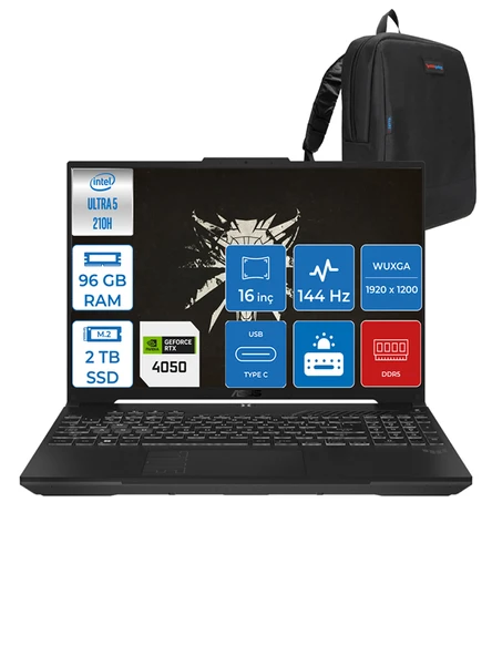 Asus Tuf Gaming F16 FX607VU Intel Core Ultra 5 210H 96GB Ddr5 2tb SSD 6GB/RTX4050/140W Freedos 16" Fhd+ 144Hz IPS Taşınabilir Bilgisayar FXRL141F27 + Zettaçanta