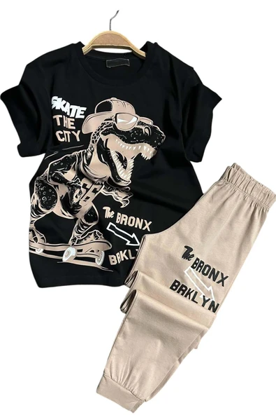 Erkek Çocuk Dinazor ve Kaykay Baskılı Yazı Detaylı Bej Pijama Takımı - 1