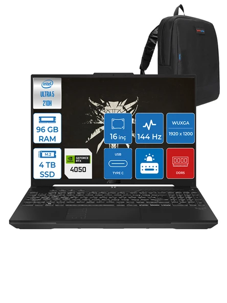 Asus Tuf Gaming F16 FX607VU Intel Core Ultra 5 210H 96GB Ddr5 4tb SSD 6GB/RTX4050/140W WIN11HOME 16" Fhd+ 144Hz IPS Taşınabilir Bilgisayar FXRL141H28 + Zettaçanta