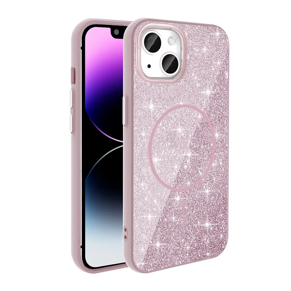 iPhone 14 Kılıf Magsafe Şarj Özellikli Parlayan Simli Okso Kılıf - Resim 4