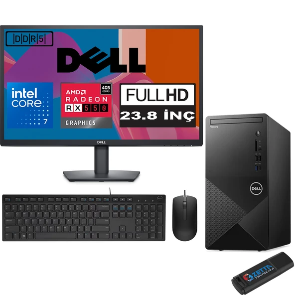 Dell Vostro 3030 mt Intel Core I7 12700 16GB Ddr5 256GB SSD 23.8" Fhd Windows 11 Pro Amd RX550-4GB Masaüstü Bilgisayar 23N3030I7RX550P06 + Zetta USB Bellek