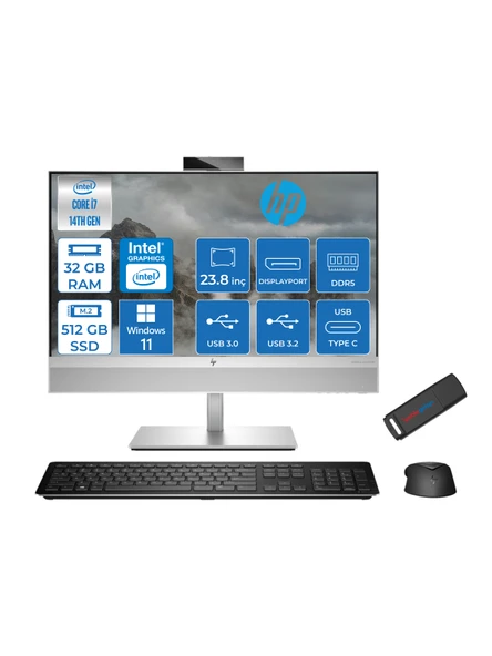 Hp Eliteone 840 G9 14.nesil Intel® Core I7 14700 32GB Ddr5 512GB SSD Fhd 23.8" IPS Windows 11 Pro All In One Bilgisayar 7B1D4EAW07 + Zetta Bellek