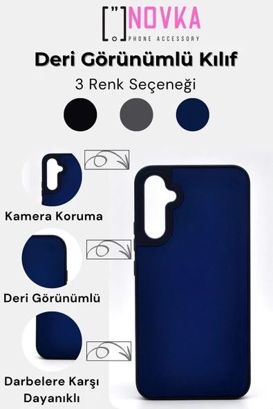 Samsung Galaxy A54 Uyumlu Deri Görünümlü Sert Kapak Kılıf Gri - Resim 7