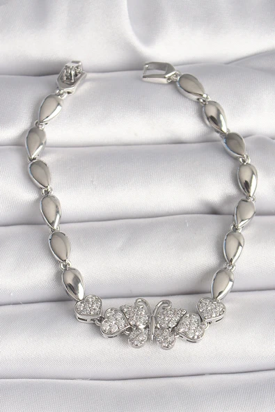 Pirinç Gümüş Renk Zirkon Taşlı Kelebek Figür Damla Zincir Model Kadın Bileklik - EBJ250308W31950 ürün görseli