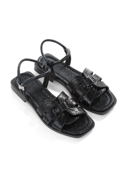 MİA028-3012 Hakiki Deri Kadın Günlük Ortopedik SİYAH KIRIIK RUGAN Tatil Sandalet - Resim 4