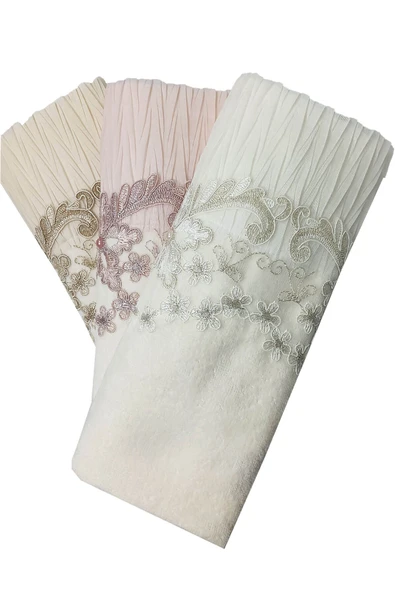 3 Lü Tül Dantel İşlemeli Boncuklu Havlu Seti 50X90 Cm - 2