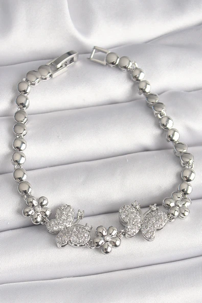 Pirinç Gümüş Renk Zirkon Taşlı Kelebek Figür Çiçek Zincir Model Kadın Bileklik - EBJ250308W31936 ürün görseli
