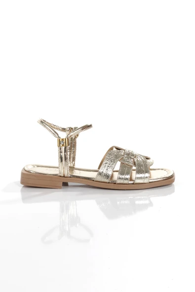 MİA028-3012 Hakiki Deri Kadın Günlük Ortopedik ALTIN Tatil Sandalet - 5