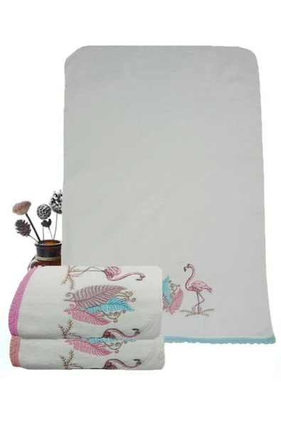 3 Lü Renkli Kuğu Nakışlı Su Taşı Kenar İşlemeli Havlu Seti 50X90 Cm - 2
