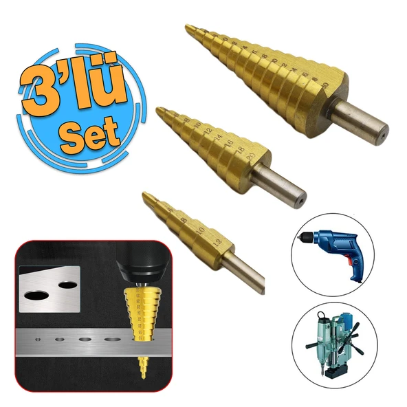 Kademeli Matkap Ucu Seti 4-12, 4-20, 4-30 Metal Kutulu 3'lü Set Ahşap Plastik Metal Delik Açma
