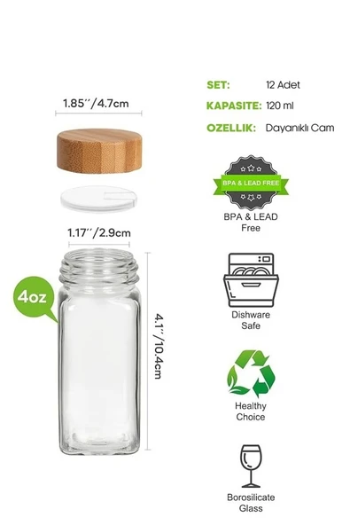 Madamev 12’li Stantlı Bambu Kapaklı Etiketli Cam Kare Formlu Baharatlık Takımı Serpme Başlıklı Baharatlık Set - 3