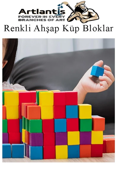 Renkli Ahşap Küp Bloklar 3x3x3 cm 64 Adet Ahşap Renkli Kare Blok Eğitici Geliştirici Oyuncak Küp Matematik Birim Küpleri - 3