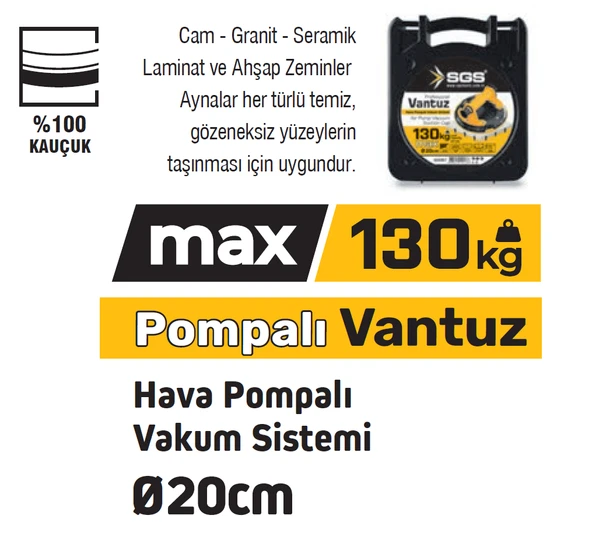 SGS957 - 130 KG Hava Pompalı Vakum Sistemli Vantuz Çap 20cm - Cam - Granit - Seramik - Laminat ve Ahşap Taşıma - 2
